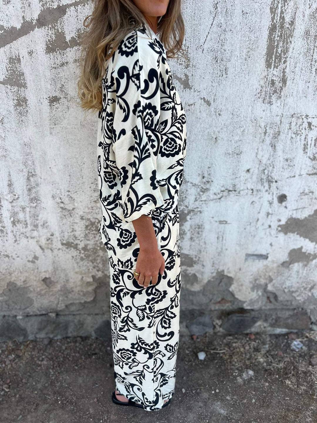 ensembles imprimé à fleurie poches col chemise manches longues chemise et pantalon femme casual décontracté deux pièces | KONF