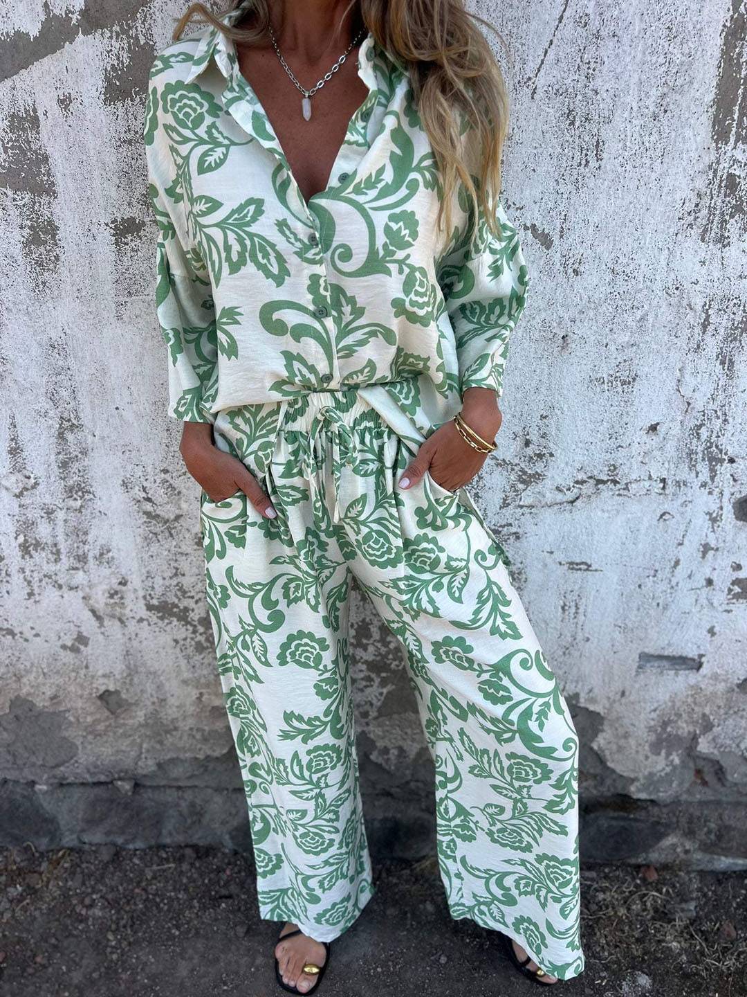 ensembles imprimé à fleurie poches col chemise manches longues chemise et pantalon femme casual décontracté deux pièces | KONF