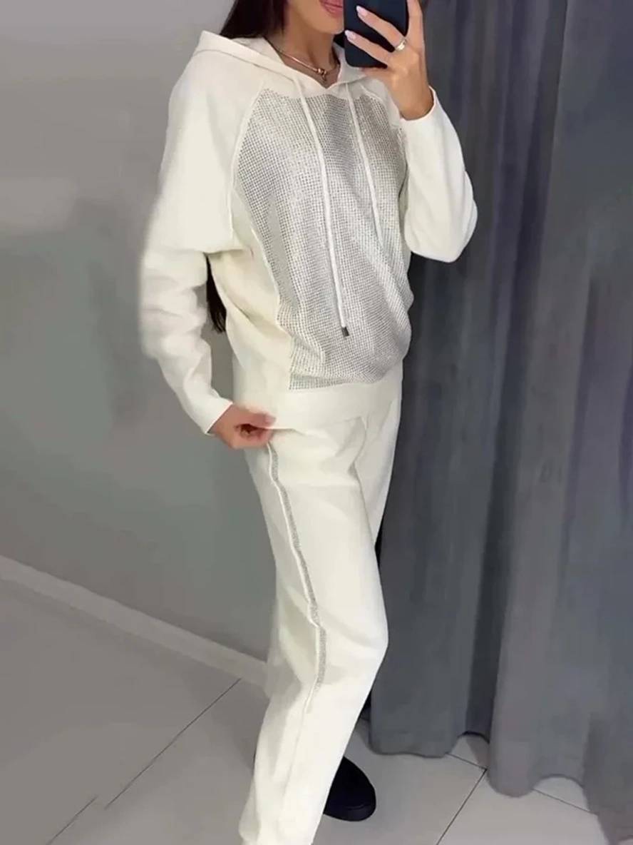 ensembles tailleur avec pantalon sweatshirt à capuche poches manches longues femme sport simple décontracté deux pièces | KONF