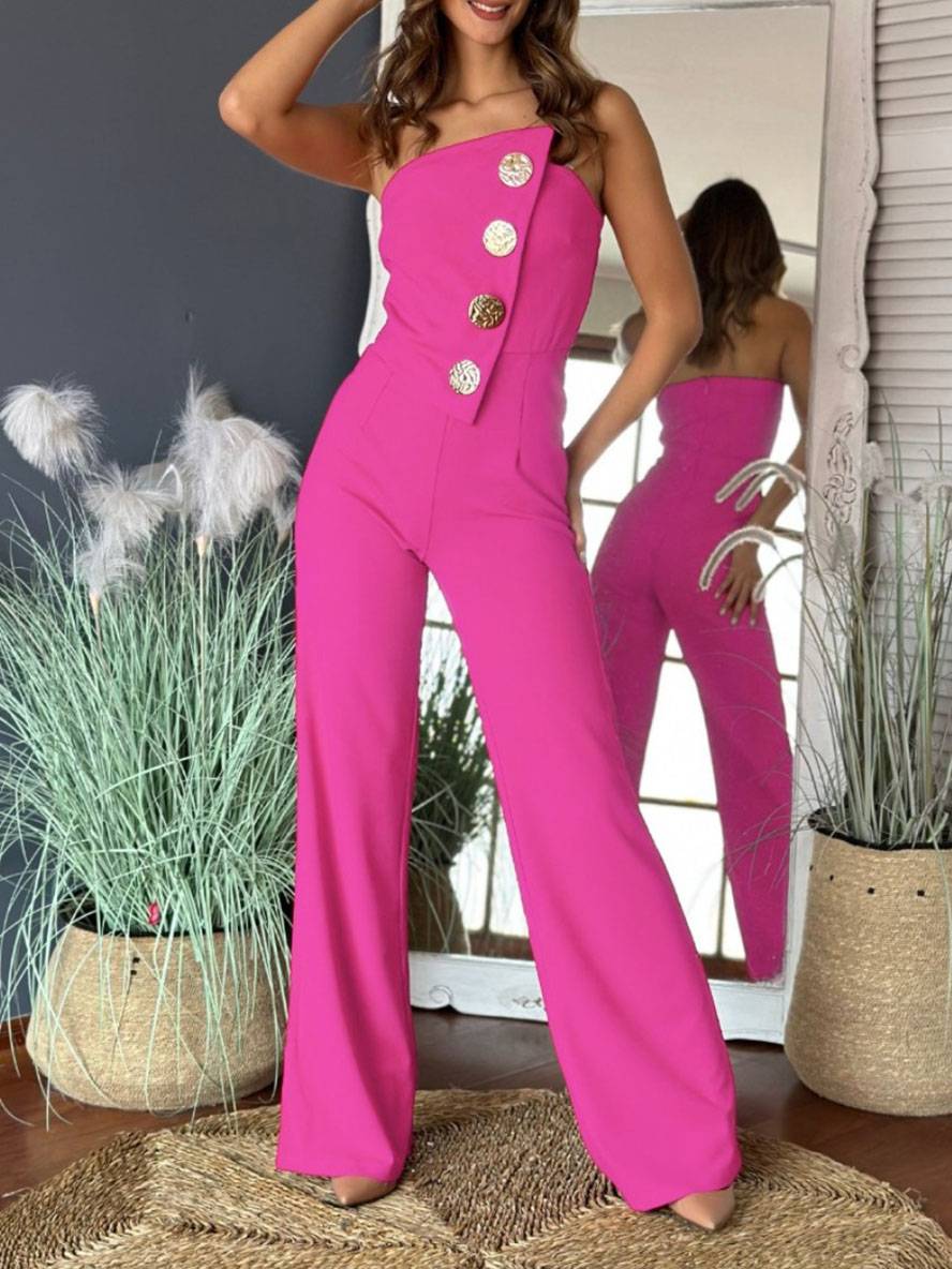 combinaisons flare évasé unicolore bustier boutonnage sans manches femme élégant décontracté | KONF