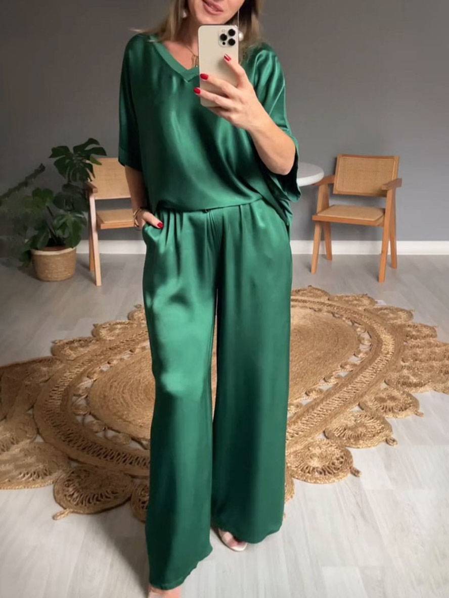 ensembles avec pantalon v-cou poches manches chauve souris manches courtes femme élégant décontracté ample deux pièces | KONF