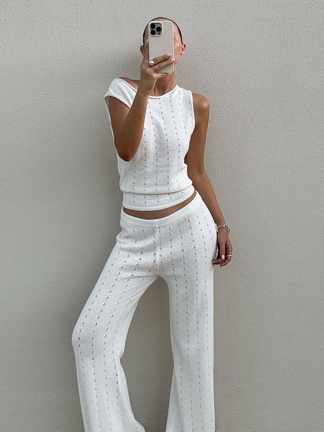 ensembles en maille ajourée avec pantalon une épaule sans manches top et pantalon large femme bohème casual de plage | KONF