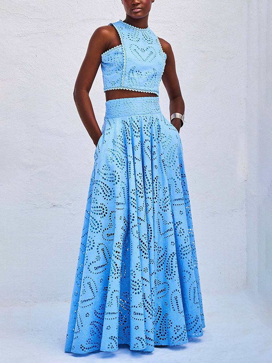 robe broderie anglaise poches sans manches hauts trapèze fluide jupe femme élégant décontracté ensemble | KONF