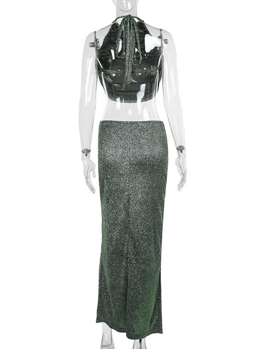 ensemble robe licou à fines brides dos nu sans manches hauts longue jupe femme décontracté deux pièces | KONF