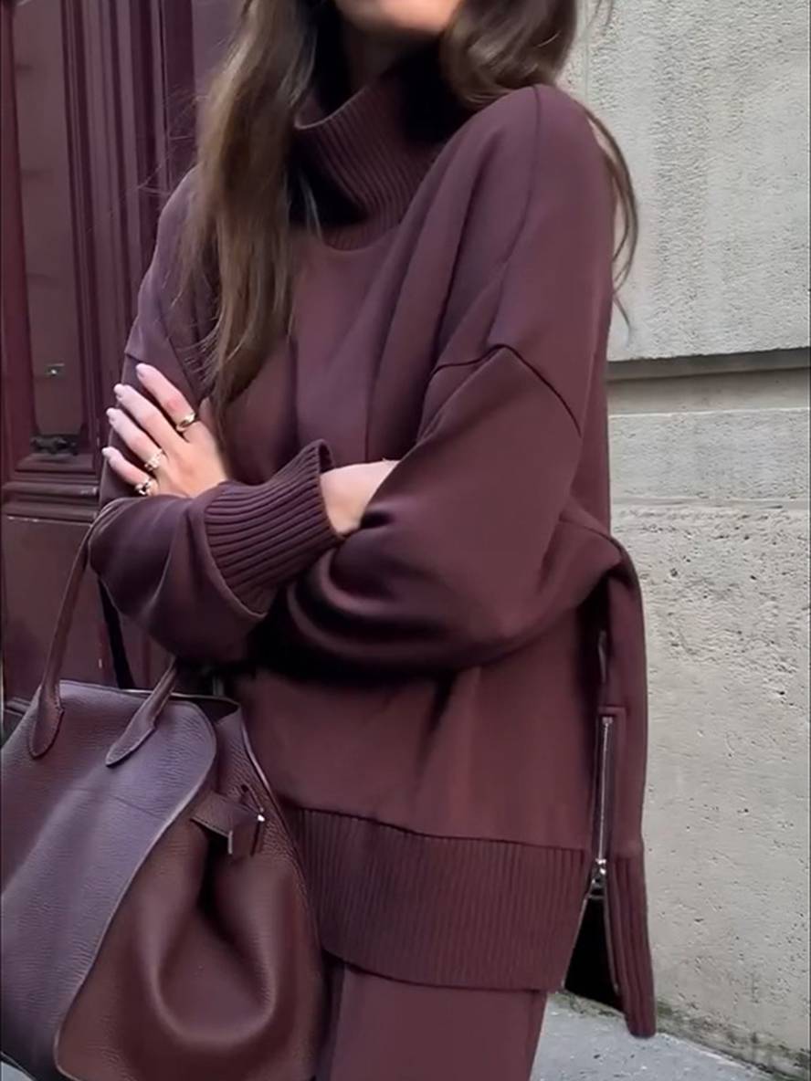 ensembles avec pantalon unicolore col roulé col montant manches longue femme élégant sport décontracté ample | KONF