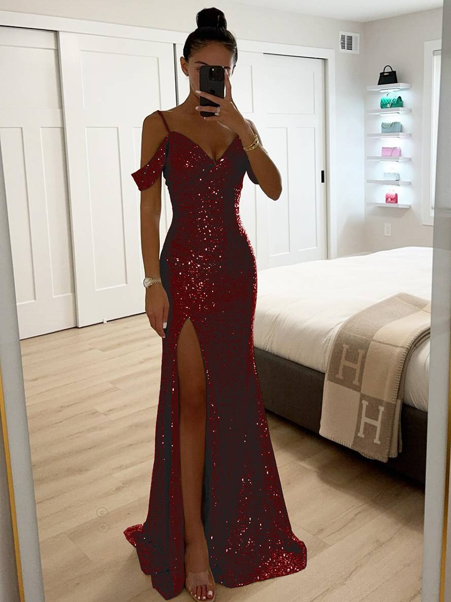longue robe v-cou brillante paillette fendu le côté épaules fendues sans manches femme élégant de soirée cérémonie | KONF