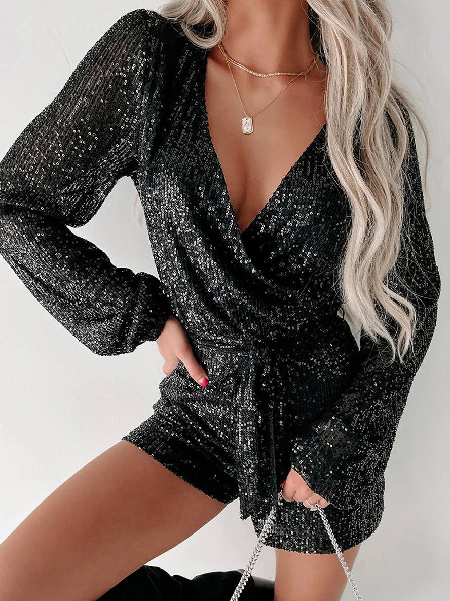 courte combinaisons brillante paillette ceinture v-cou manches longues femme élégant décontracté cérémonie combishort | KONF
