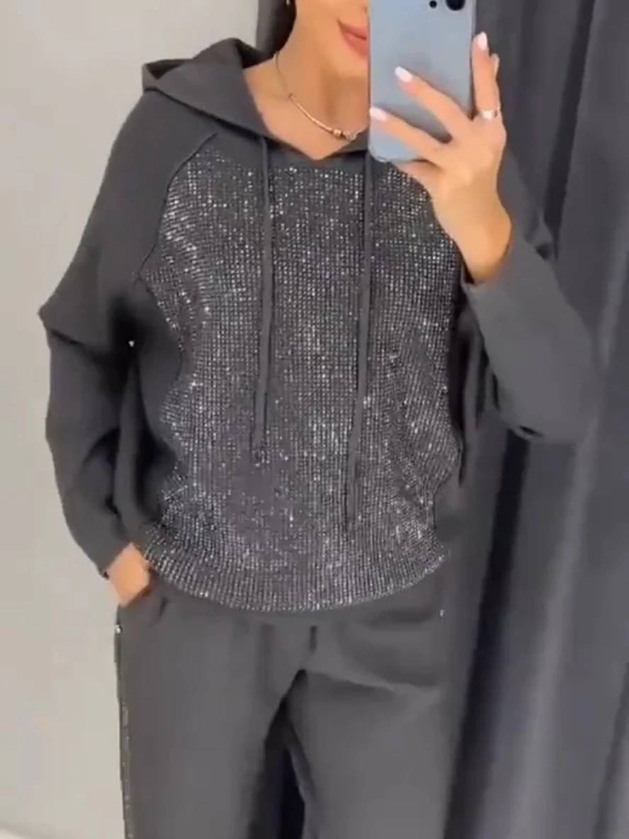 ensembles tailleur avec pantalon sweatshirt à capuche poches manches longues femme sport simple décontracté deux pièces | KONF