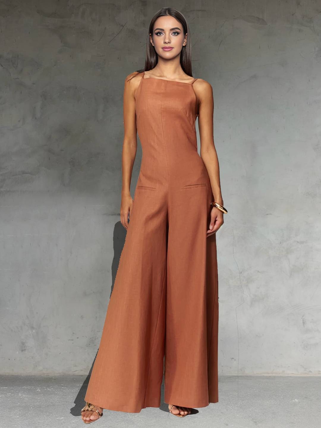 combinaisons larges jambes évasé lin dos nu à fines brides sans manches élégant décontracté style vacances pour femmes | KONF