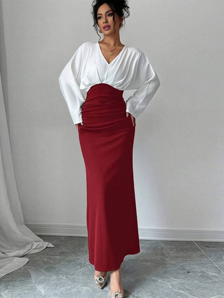 ensemble robe de bureau moulante v-cou manches longues chemise longue jupe femme style tailleur casual deux pièces | KONF