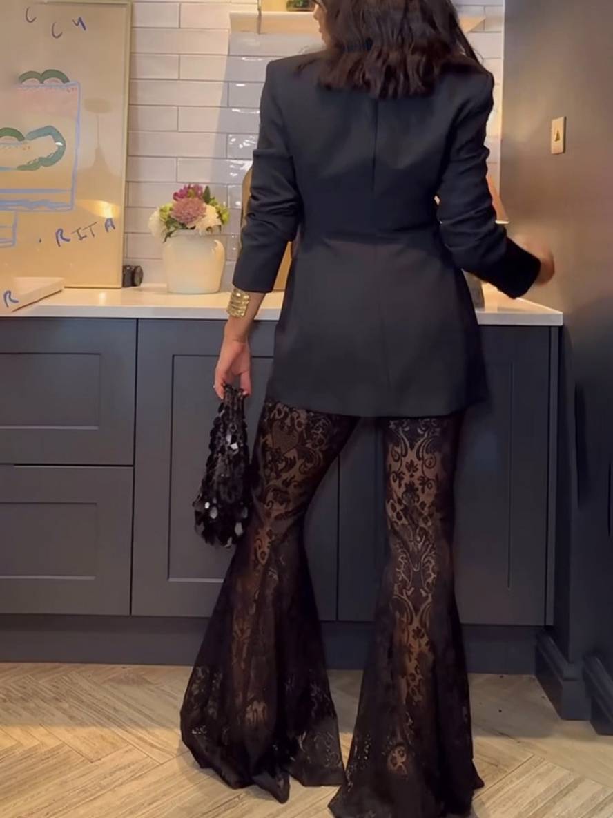 ensembles avec pantalon dentelle flare évasé v-cou boutonnage poches blazer femme élégant style tailleur | KONF