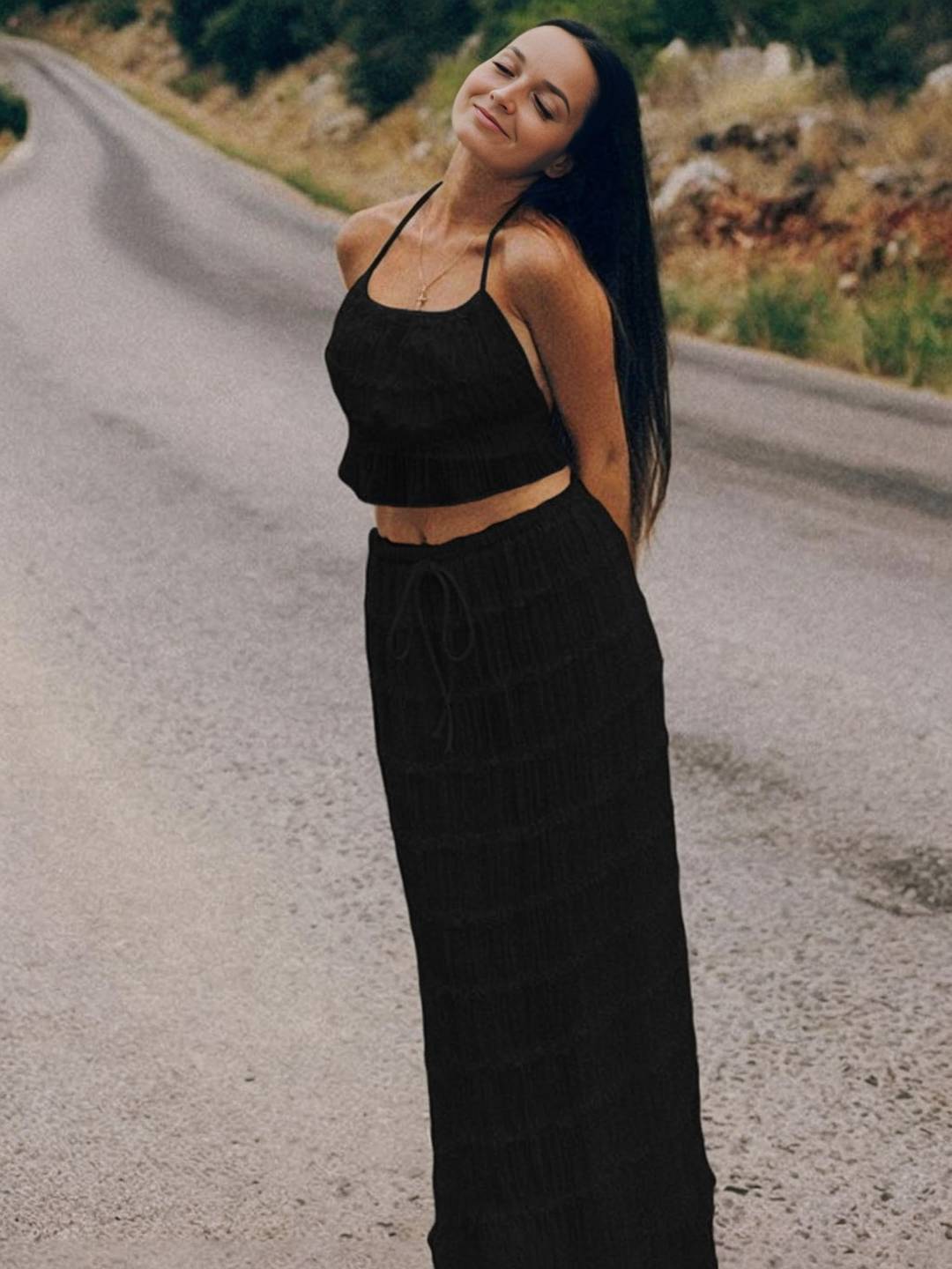 tenue ensemble avec longue jupe mousseline dos nu licou sans manches débardeur robe femme bohème décontracté deux pièces | KONF