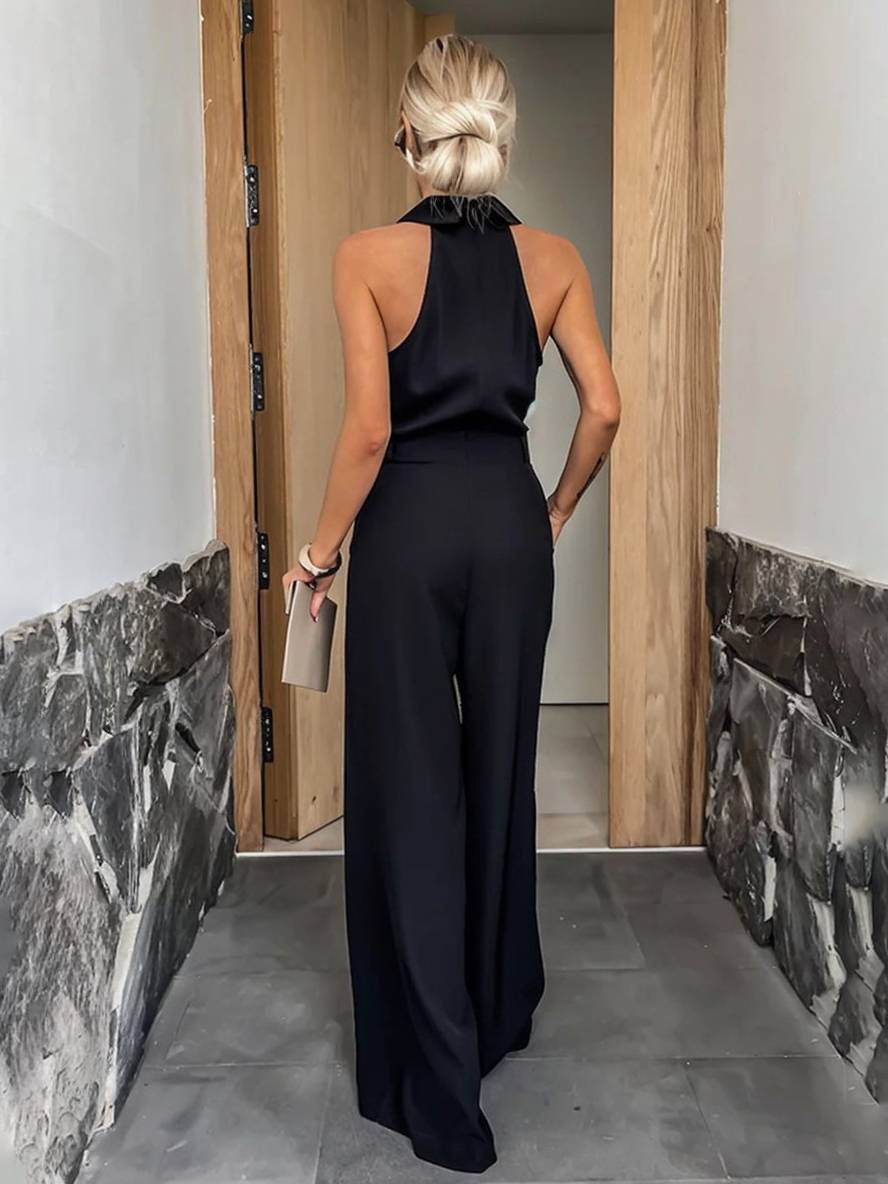 combinaisons larges jambes évasé col chemise découpes poches sans manches femme décontracté casual | KONF