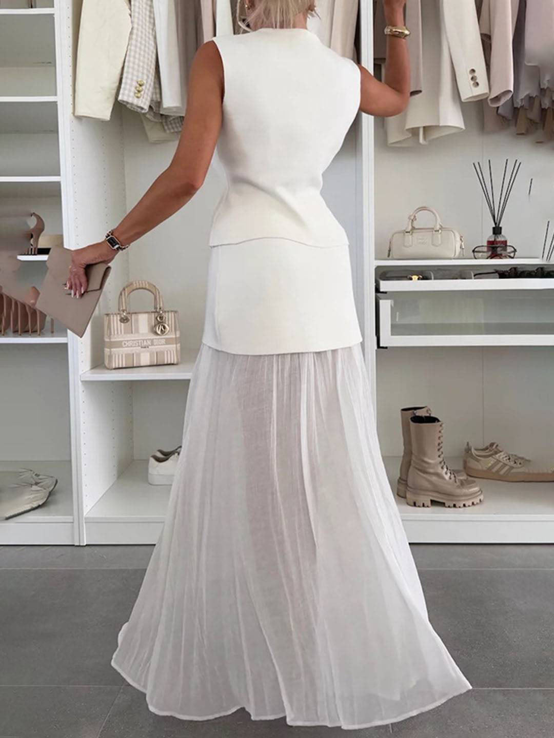 tenu ensembles tailleur v-cou sans manches gilet et jupe tulle fluide décontracté chic pour vacances deux pièces | KONF