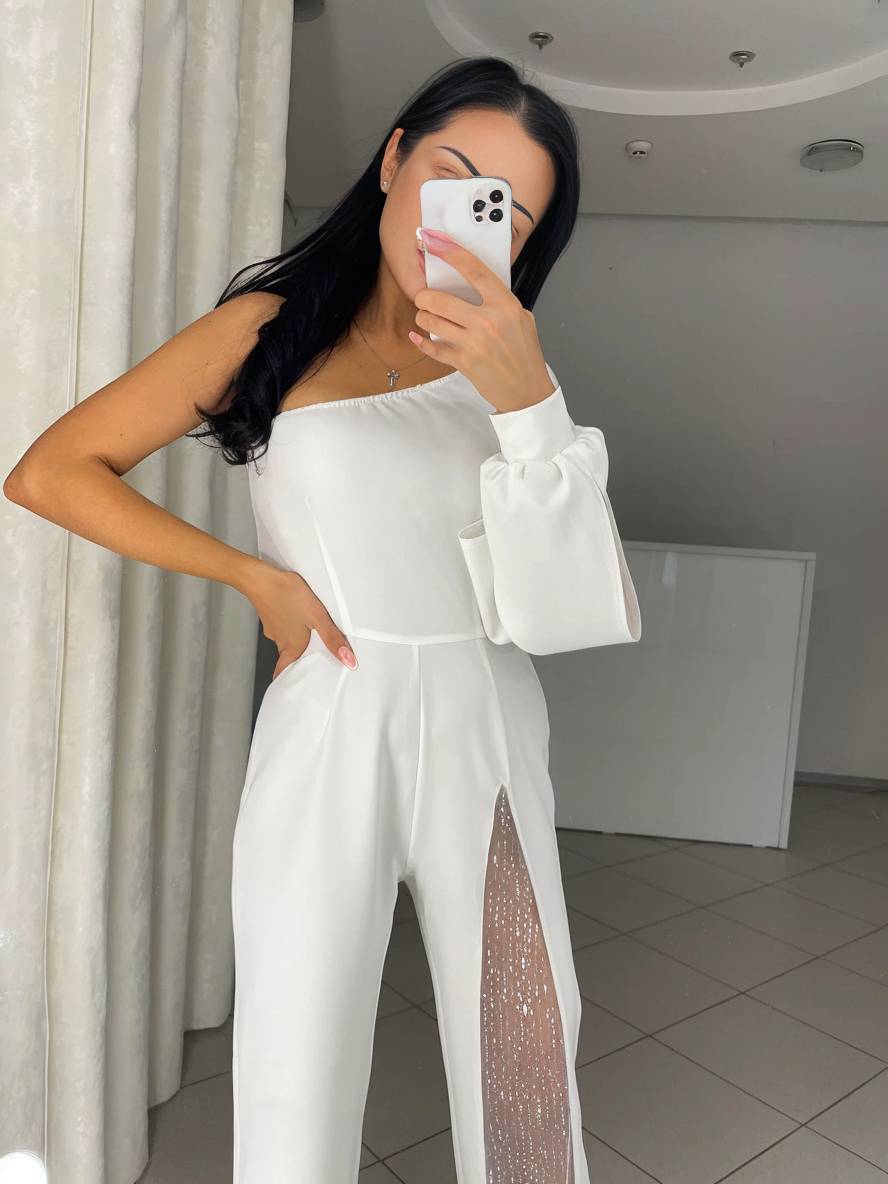 combinaisons flare évasé une épaule fendu le côté manches longues femme casual élégant décontracté cérémonie | KONF