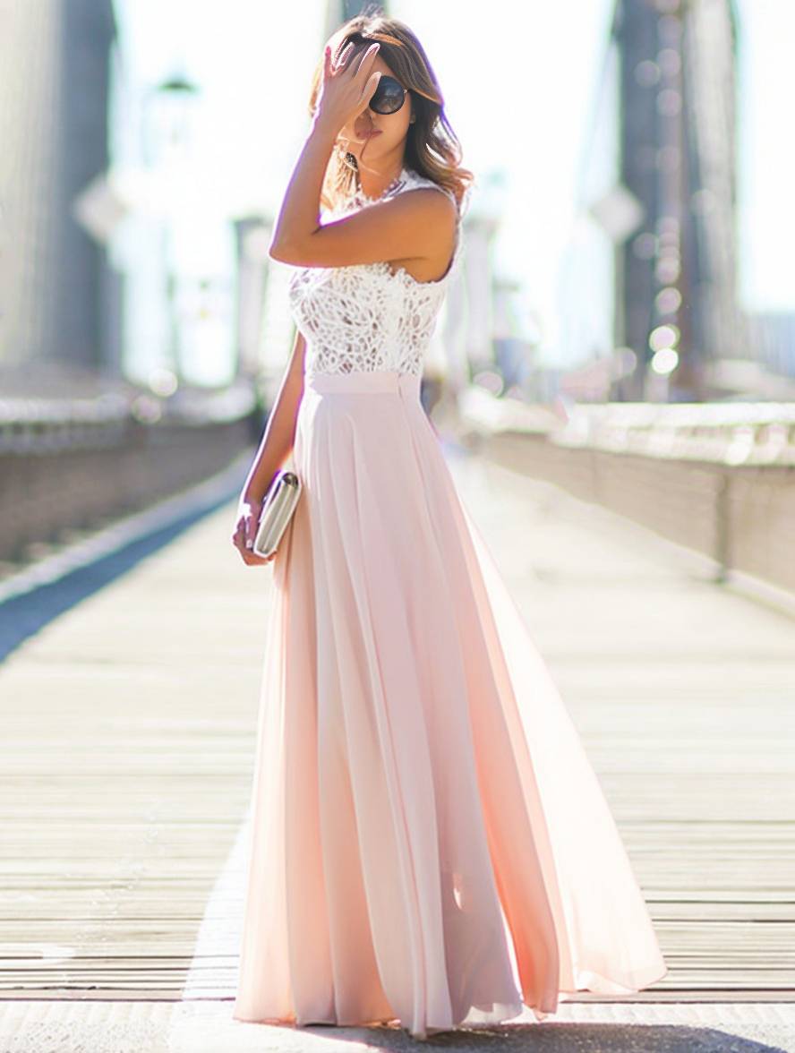 longue robe demoiselle d'honneur dentelle mousseline fluide col rond sans manches élégant rose et blanc | KONF