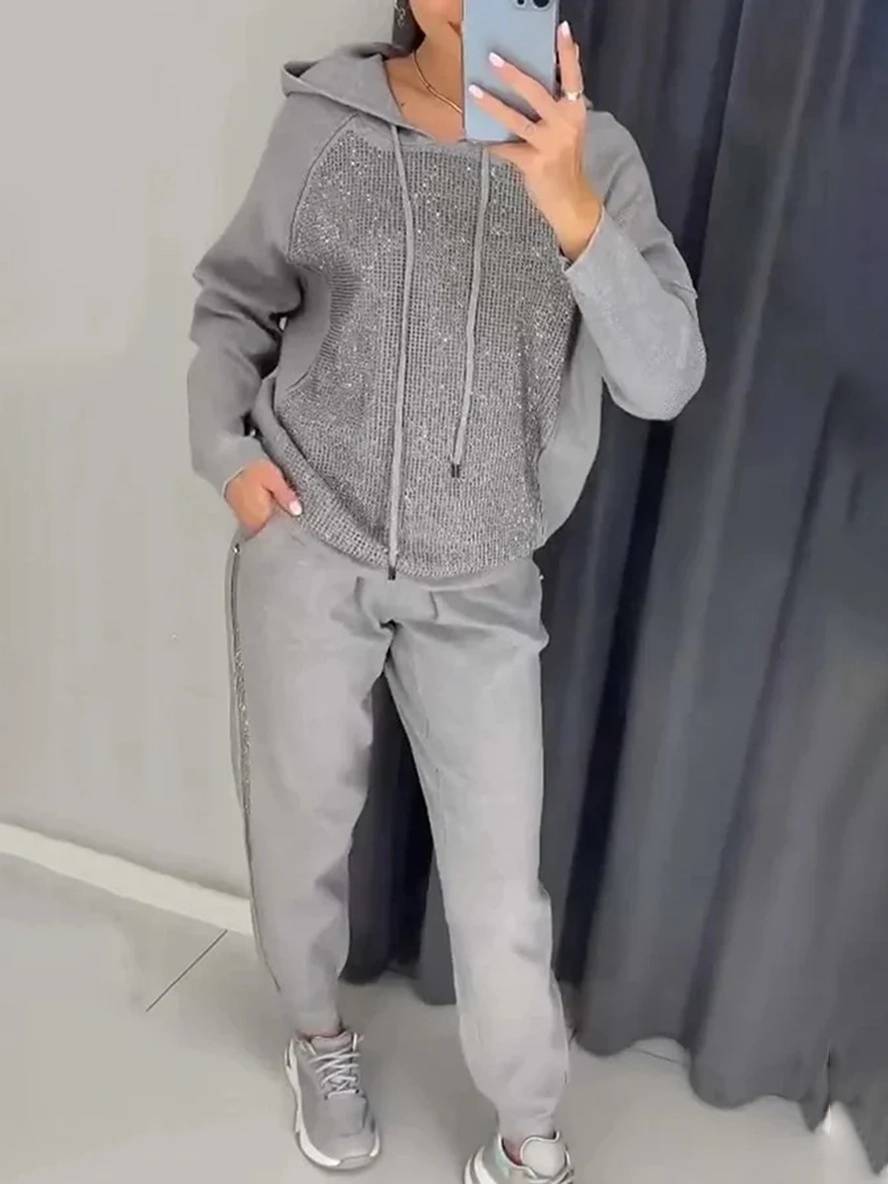 ensembles tailleur avec pantalon sweatshirt à capuche poches manches longues femme sport simple décontracté deux pièces | KONF
