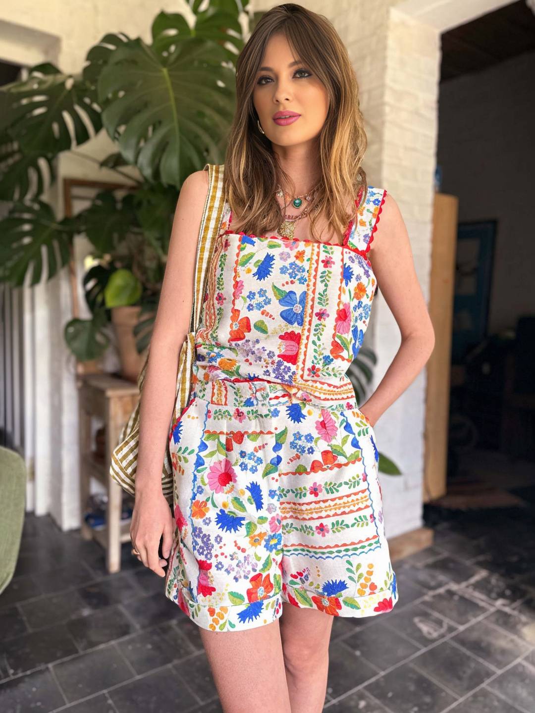 ensemble deux pièces vintage imprimé pour vacances femme haut bretelle sans manches et avec poches short style vacances | KONF