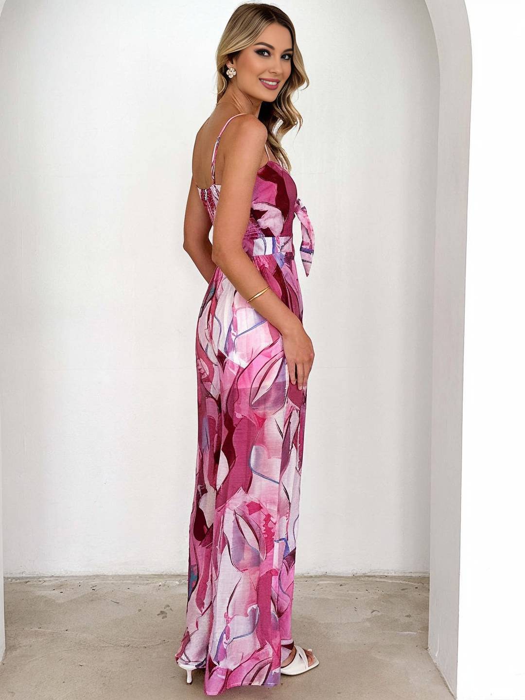 combinaisons larges jambes évasé imprimé à fleurie noeud papillon à fines brides sans manches femme casual décontracté | KONF