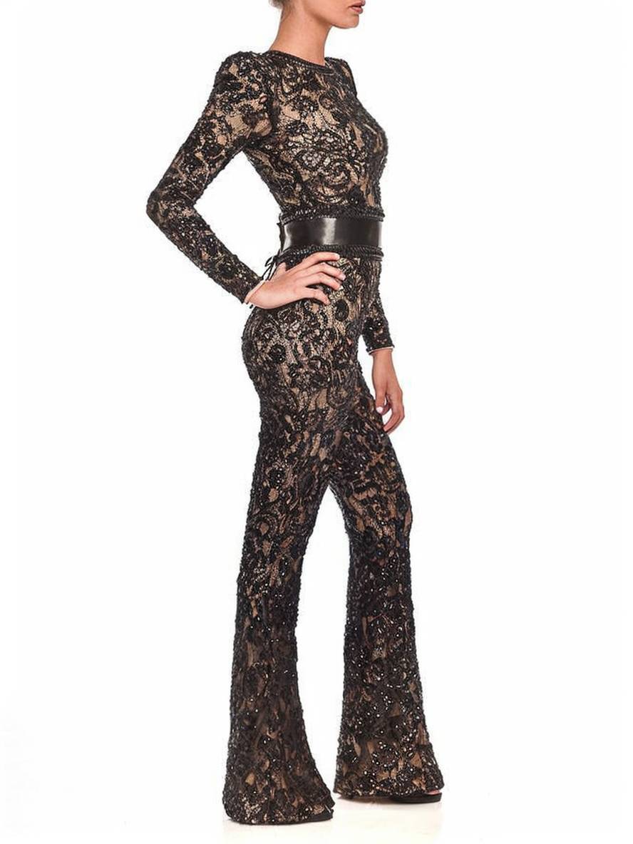 combinaisons flare évasé dentelle col rond ceinture manches longues femme élégant vintage | KONF