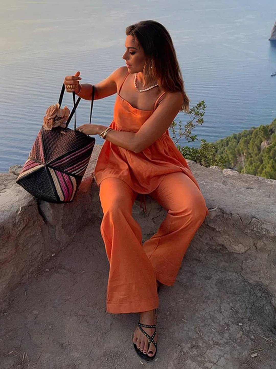 ensemble de femme pour les vacances top sans manches à volantée décontracté et pantalon large pour femme de plage | KONF