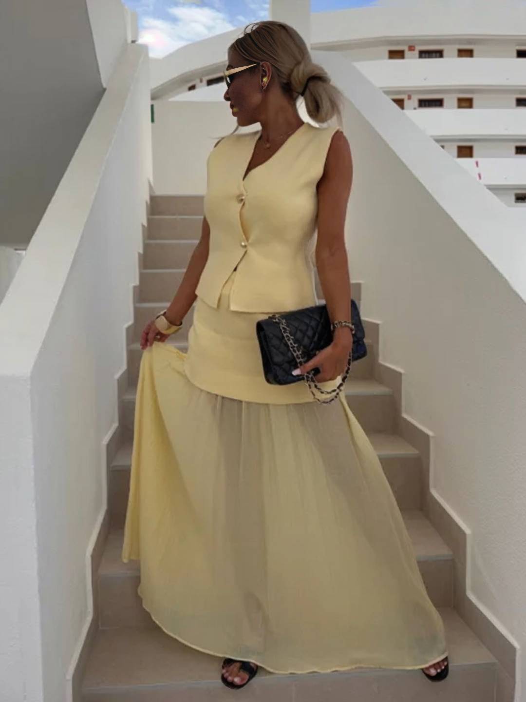 tenu ensembles tailleur v-cou sans manches gilet et jupe tulle fluide décontracté chic pour vacances deux pièces | KONF