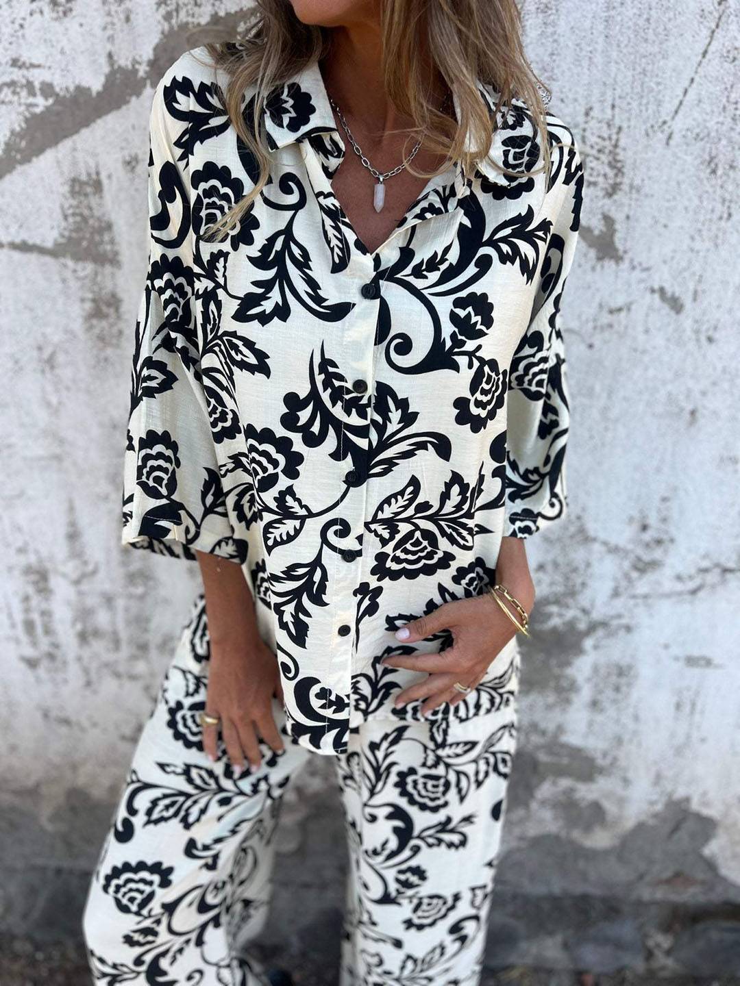 ensembles imprimé à fleurie poches col chemise manches longues chemise et pantalon femme casual décontracté deux pièces | KONF
