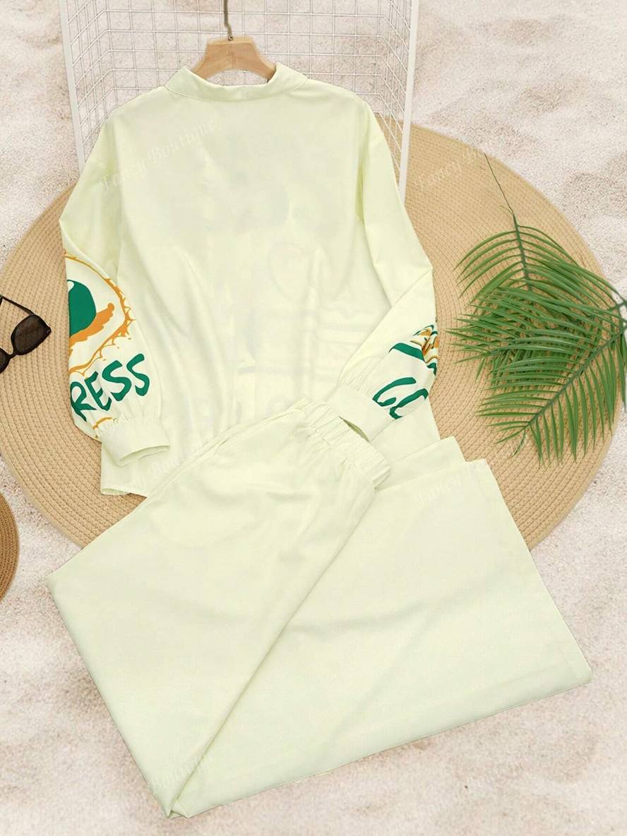 tenue ensembles avec pantalon lettres motif col chemise manches longues femme style boyfriend décontracté deux pièces | KONF