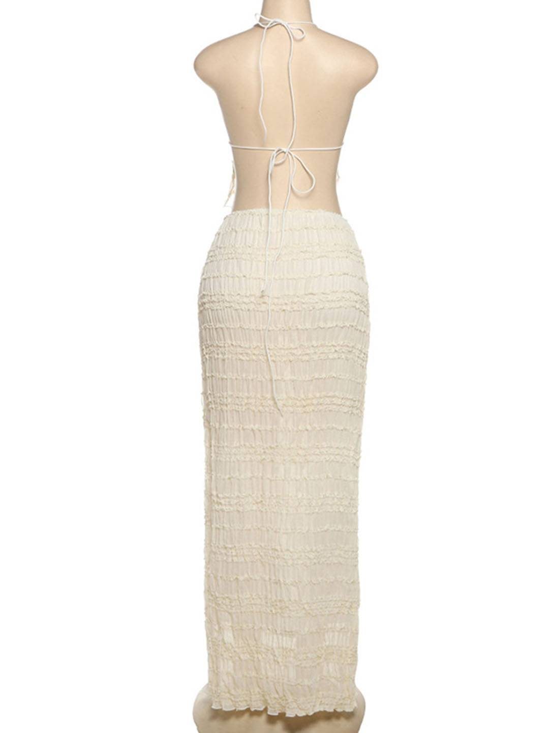 tenue ensemble avec longue jupe mousseline dos nu licou sans manches débardeur robe femme bohème décontracté deux pièces | KONF