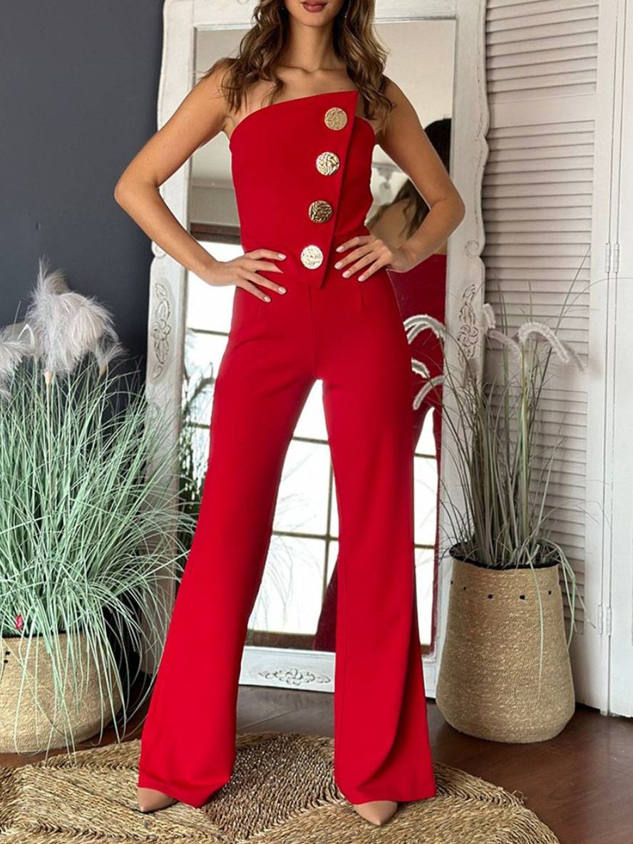 combinaisons flare évasé unicolore bustier boutonnage sans manches femme élégant décontracté | KONF