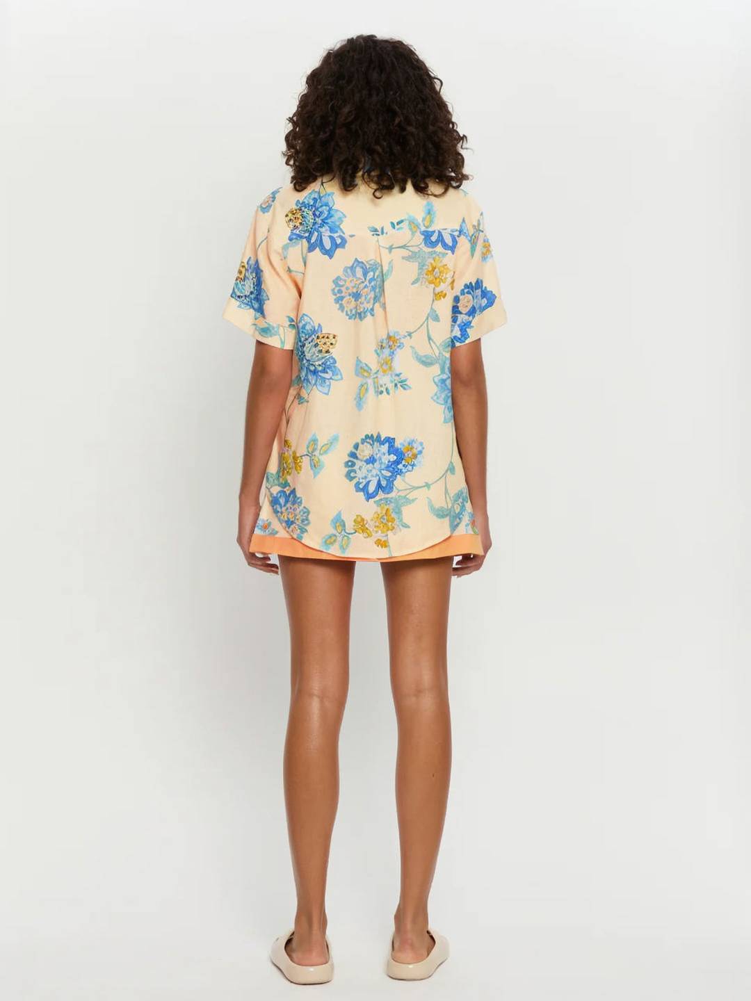 ensemble tenue avec jpue imprimé à fleurie boutonnage col chemise manches courtes chemise femme décontracté bleu jaune | KONF