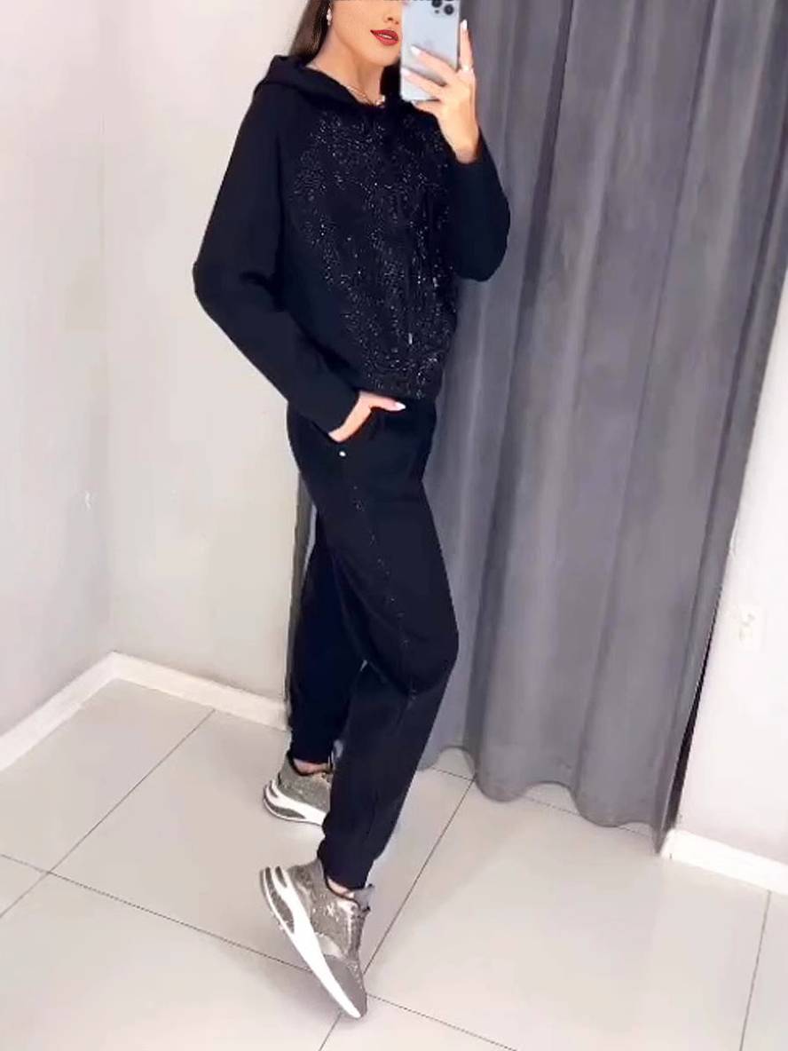 ensembles tailleur avec pantalon sweatshirt à capuche poches manches longues femme sport simple décontracté deux pièces | KONF