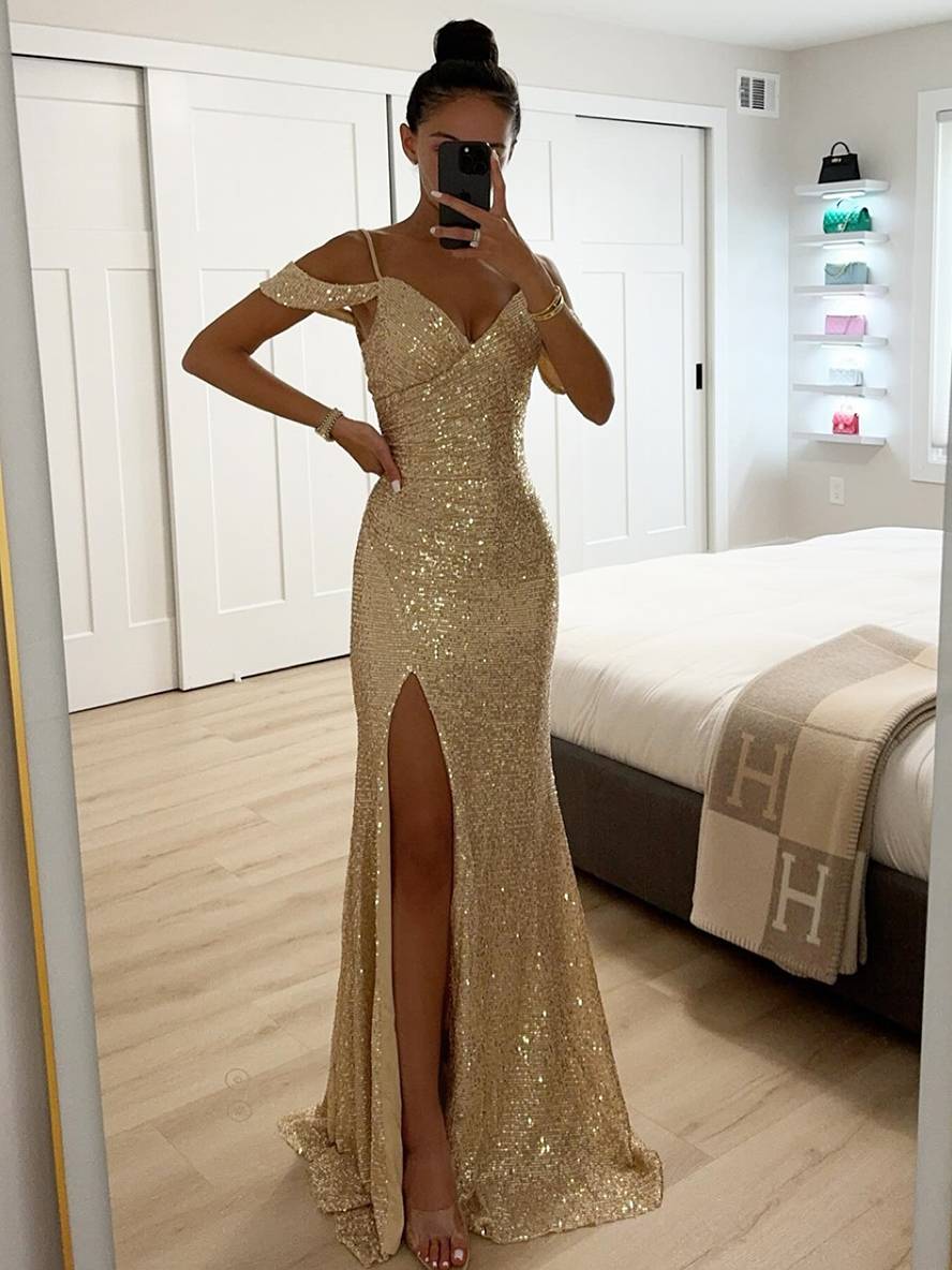 longue robe v-cou brillante paillette fendu le côté épaules fendues sans manches femme élégant de soirée cérémonie | KONF