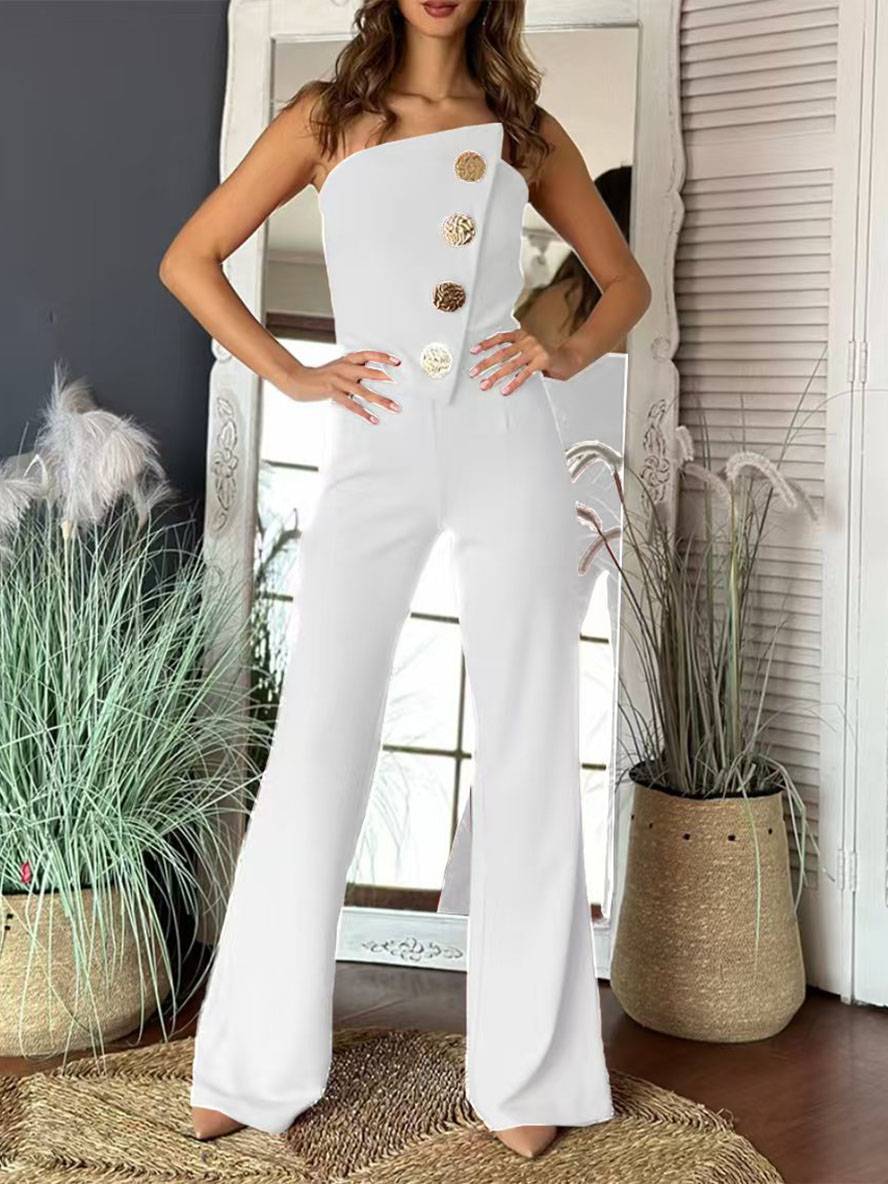 combinaisons flare évasé unicolore bustier boutonnage sans manches femme élégant décontracté | KONF