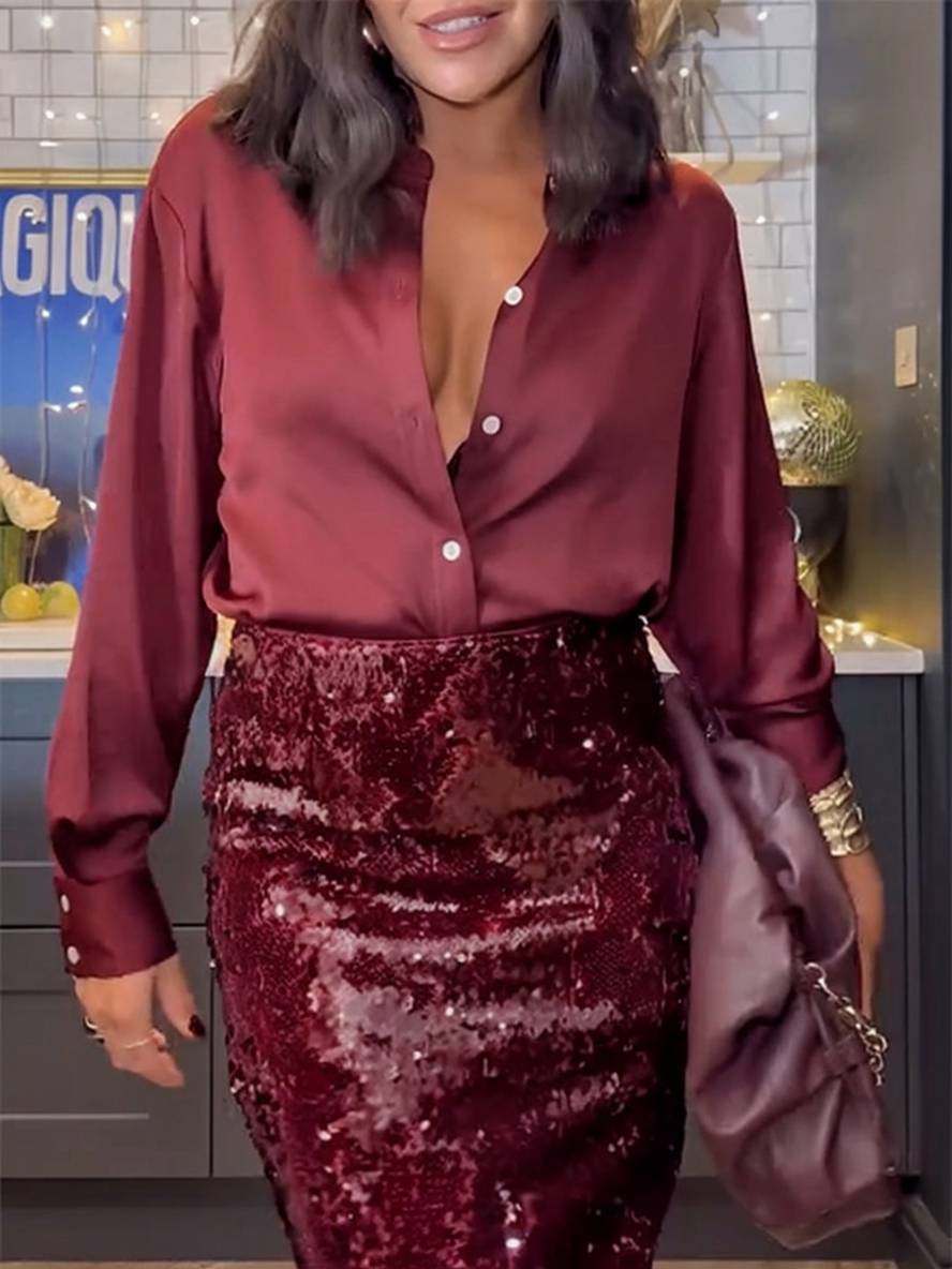ensemble avec brillante paillette fendu jupe boutonnage col chemise manches longues blouse femme style tailleur deux pièces | KONF