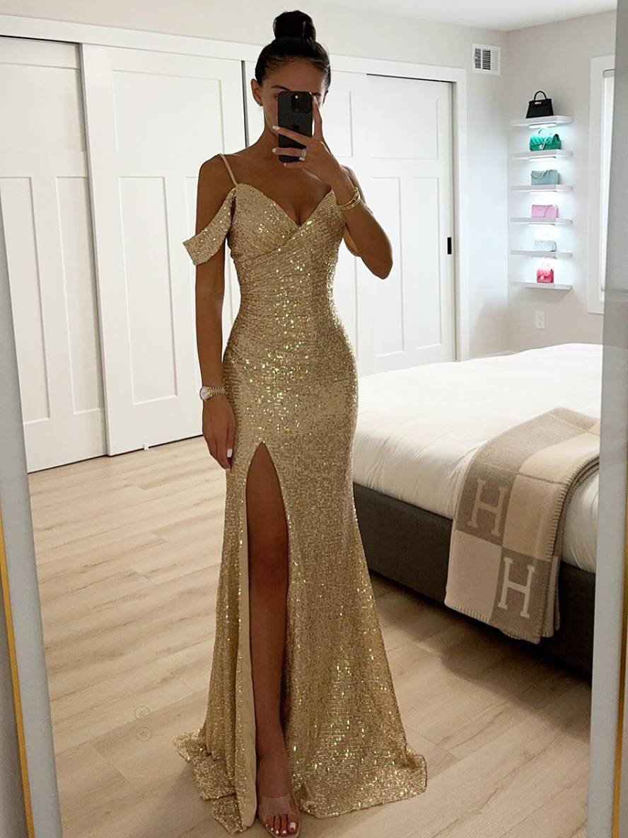 longue robe v-cou brillante paillette fendu le côté épaules fendues sans manches femme élégant de soirée cérémonie | KONF
