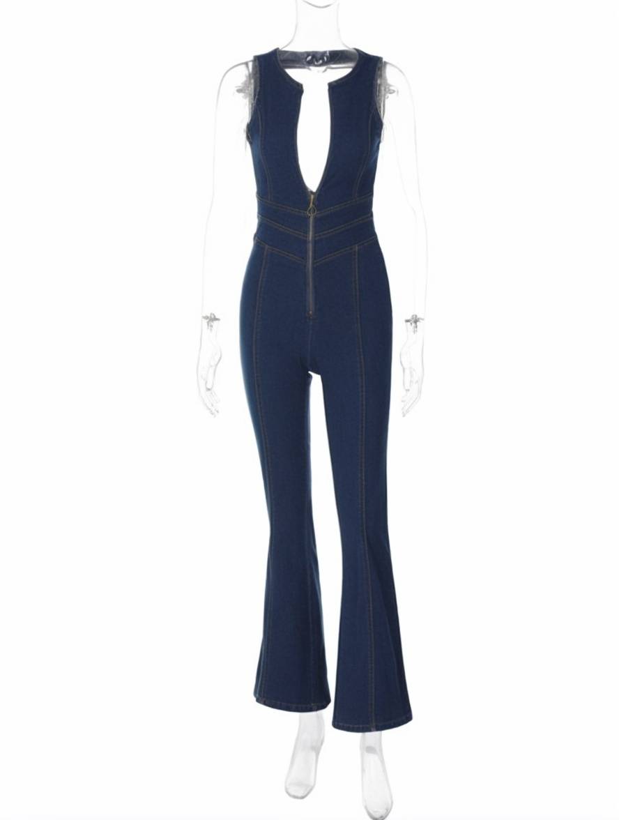 combinaisons en jean v-cou sans manches femme élégant vintage mode casual | KONF