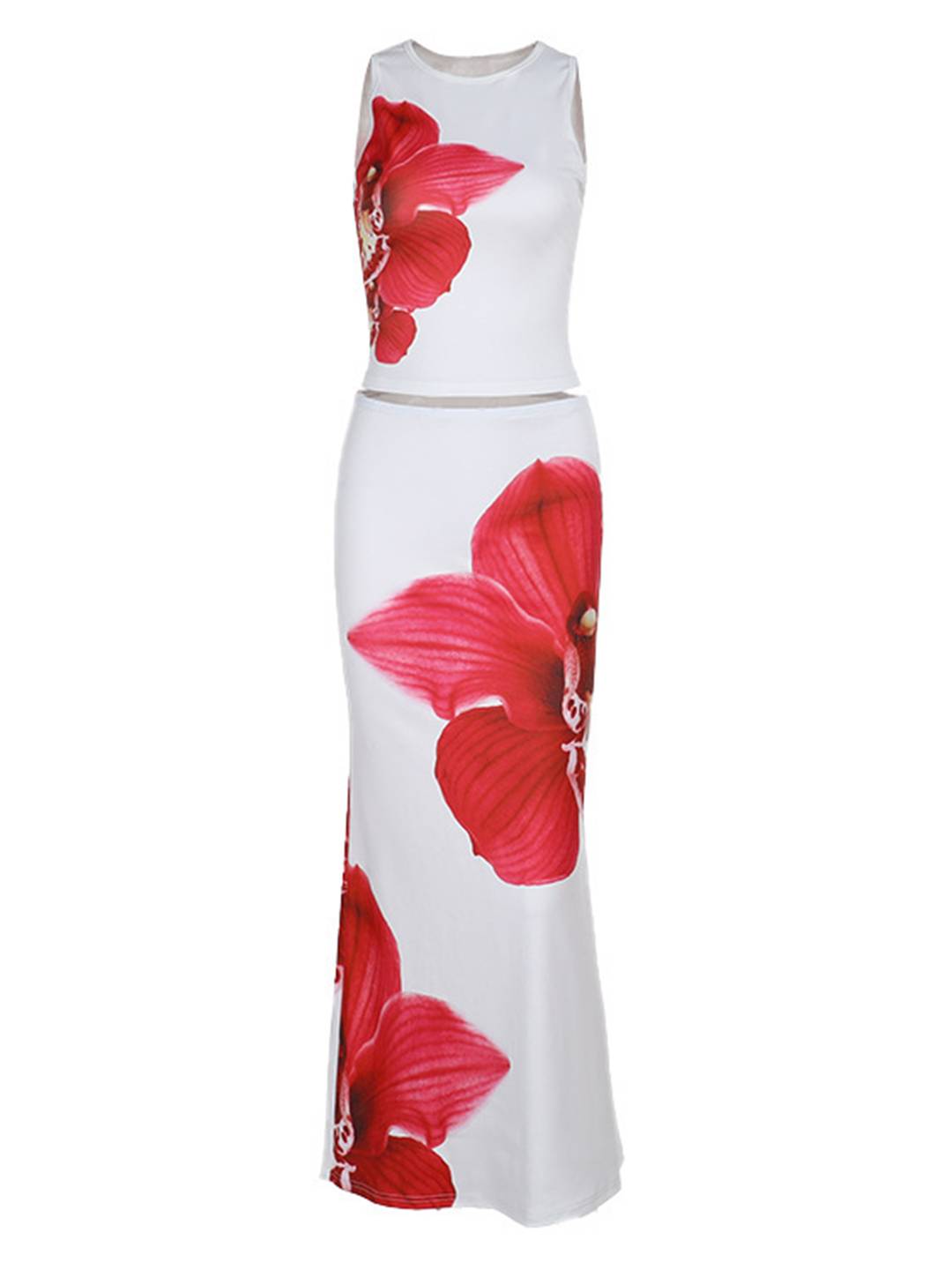 ensemble robe d'été fleurie cropped col rond sans manches top et longue jupe femme décontracté vintage de plage | KONF