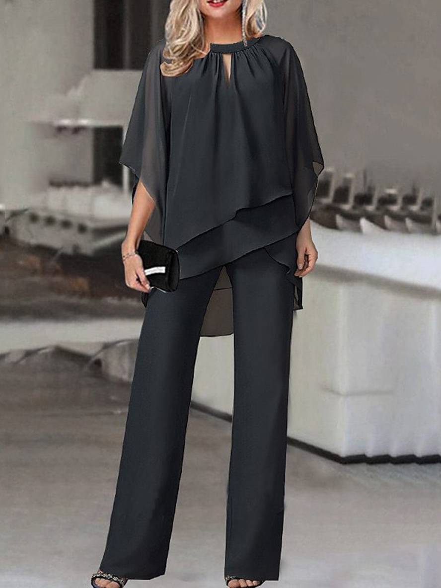 ensembles deux pièces col rond manches chauve souris hauts irrégulière droit pantalon femme lâche décontracté de mariage | KONF