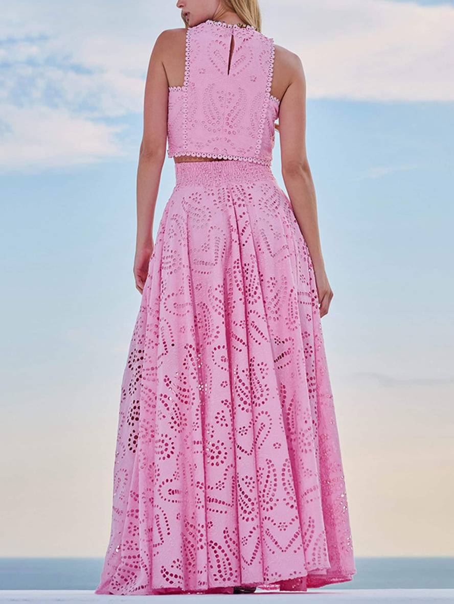 robe broderie anglaise poches sans manches hauts trapèze fluide jupe femme élégant décontracté ensemble | KONF
