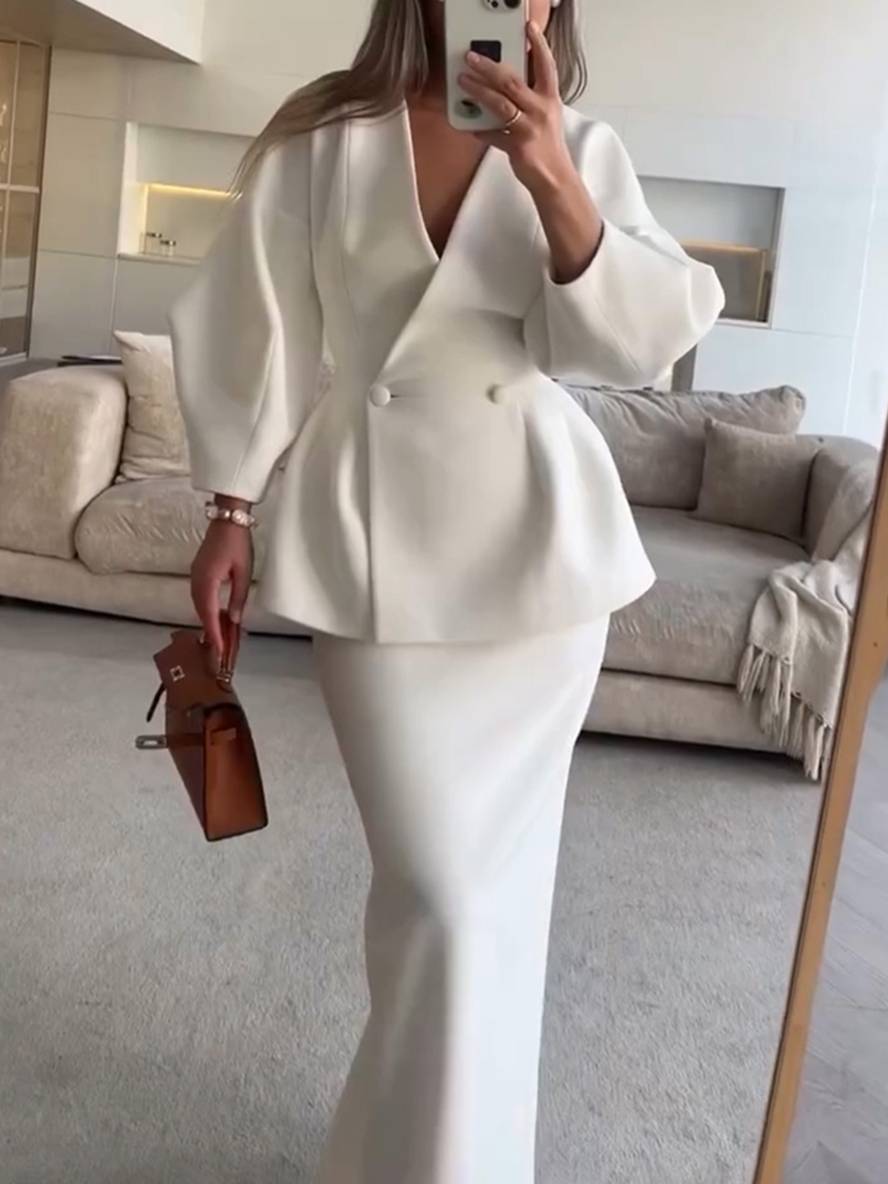 ensembles tailleur avec jupe v-cou boutons manches bouffantes manches longues veste femme élégant vintage deux pièces | KONF