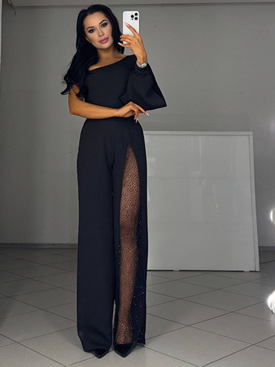 combinaisons flare évasé une épaule fendu le côté manches longues femme casual élégant décontracté cérémonie | KONF
