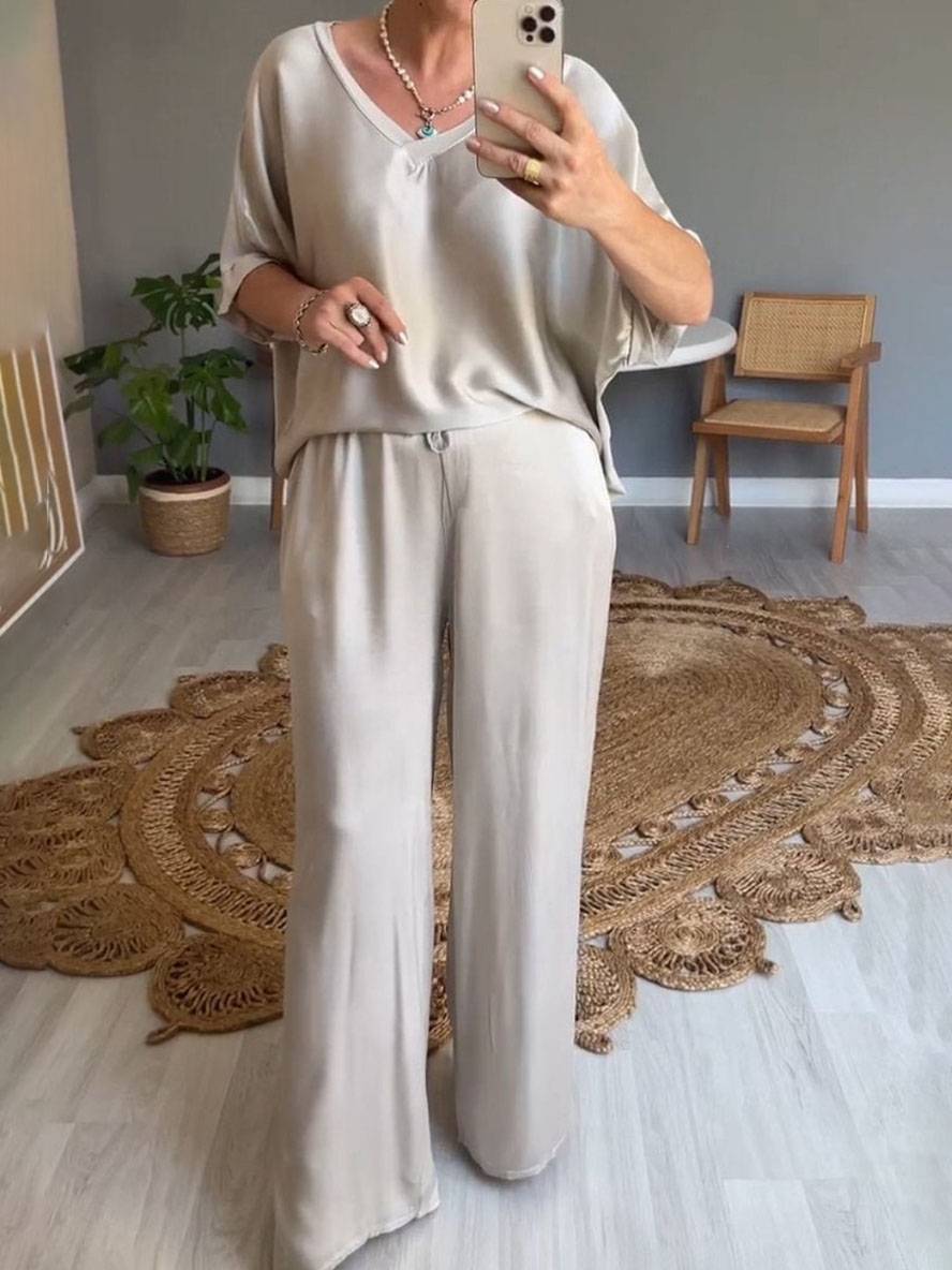 ensembles avec pantalon v-cou poches manches chauve souris manches courtes femme élégant décontracté ample deux pièces | KONF