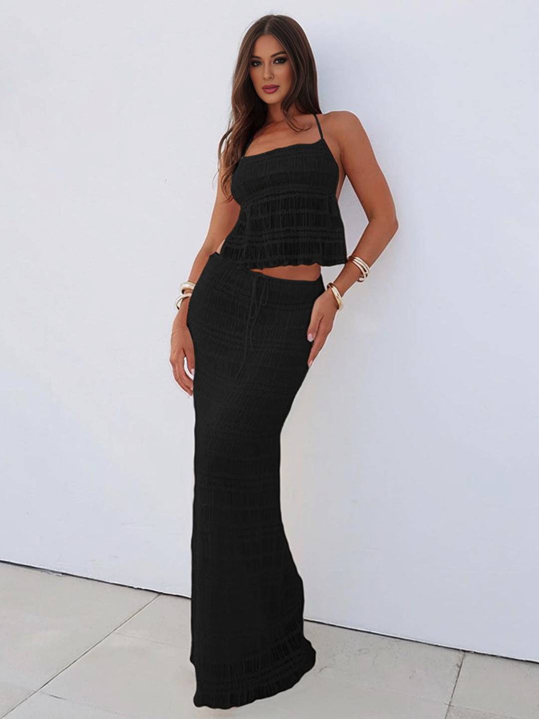 tenue ensemble avec longue jupe mousseline dos nu licou sans manches débardeur robe femme bohème décontracté deux pièces | KONF