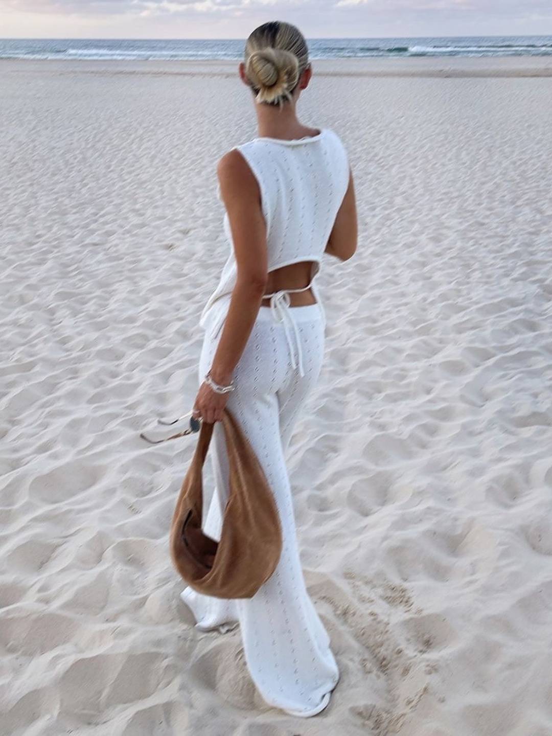 ensembles en maille ajourée avec pantalon une épaule sans manches top et pantalon large femme bohème casual de plage | KONF