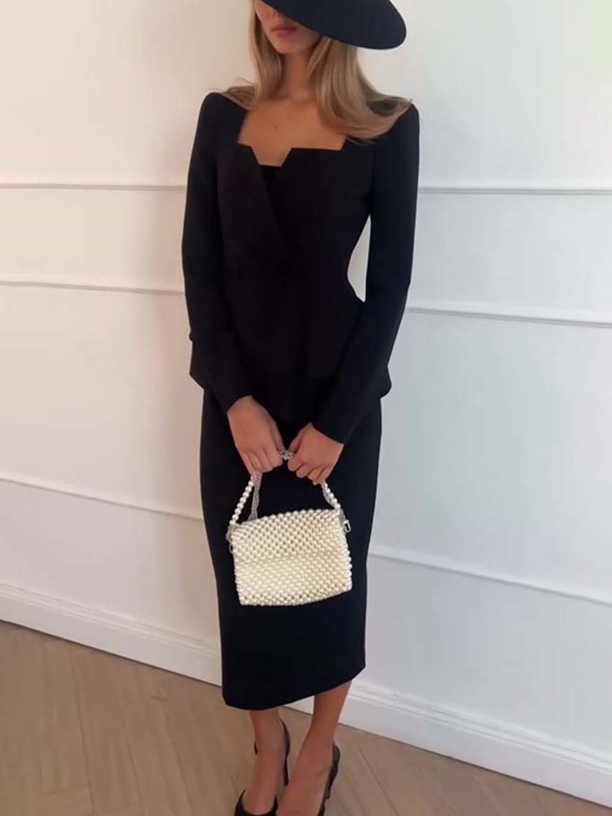 ensemble col carré boutons poches manches longues blazer avec jupe femme élégant décontracté deux pièces de bureau | KONF