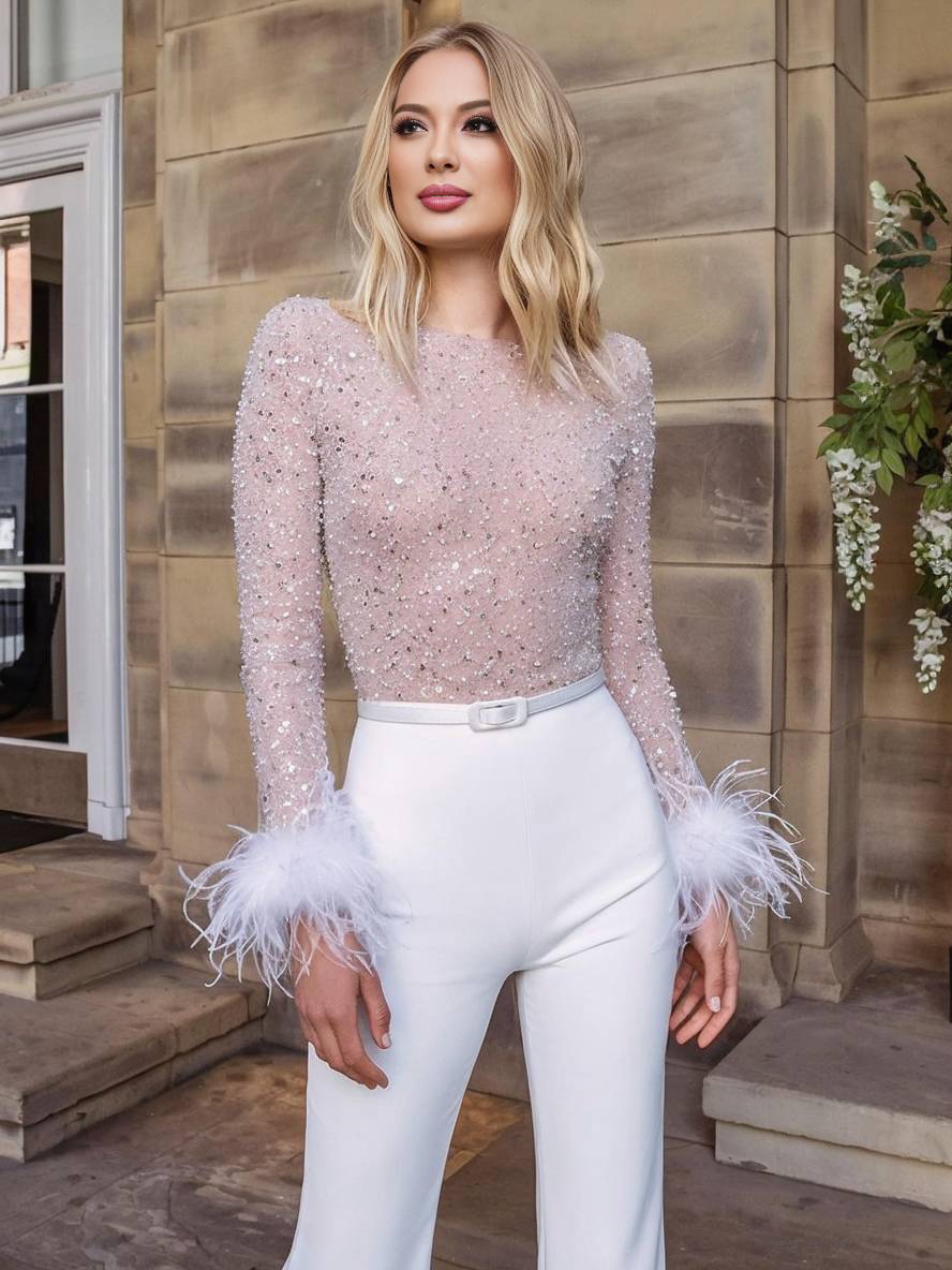 combinaisons couleur bloc brillante paillette la plume ceinture élégant femme | KONF