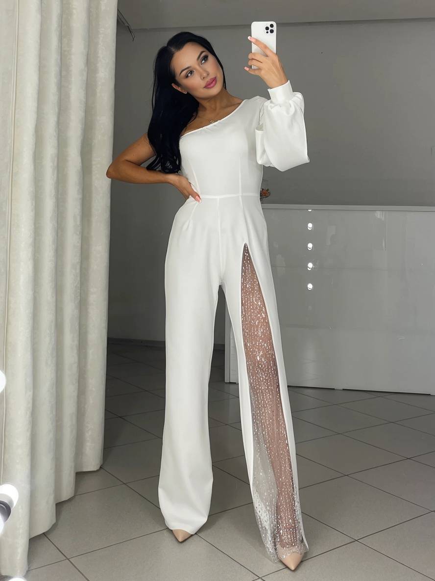 combinaisons flare évasé une épaule fendu le côté manches longues femme casual élégant décontracté cérémonie | KONF