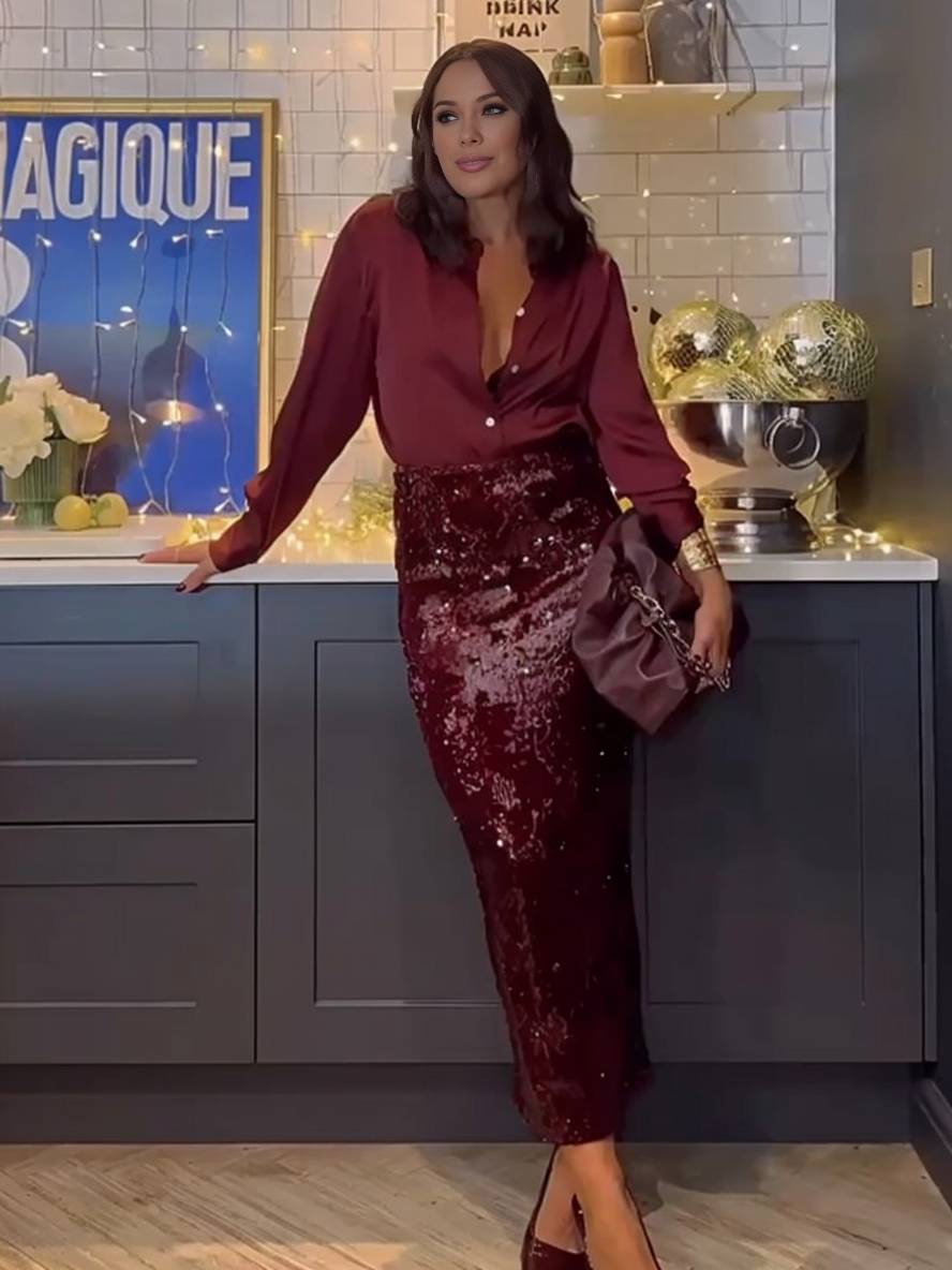 ensemble avec brillante paillette fendu jupe boutonnage col chemise manches longues blouse femme style tailleur deux pièces | KONF
