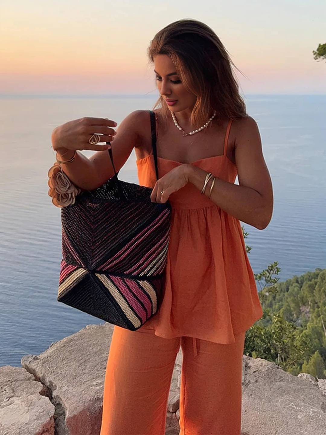 ensemble de femme pour les vacances top sans manches à volantée décontracté et pantalon large pour femme de plage | KONF